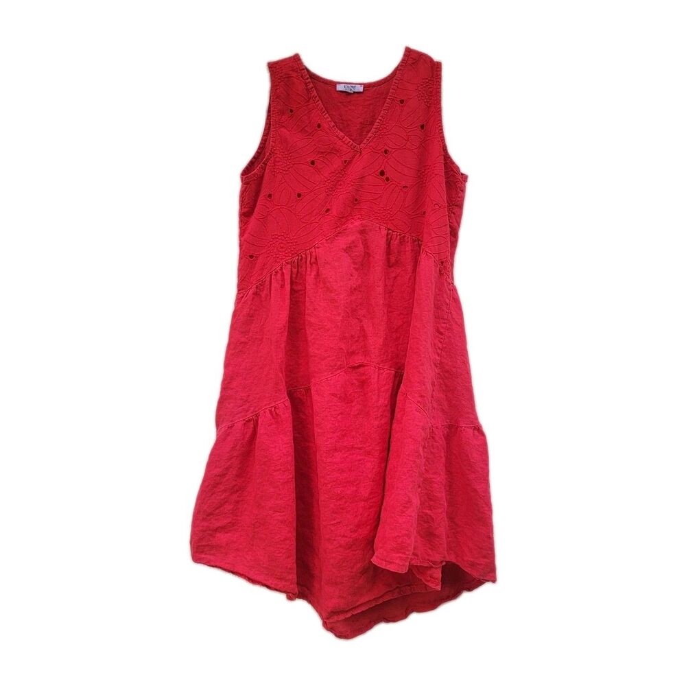 Rosemarine Dress Linen Tiered Red Sleeveless Made in Italy Sz S Coastal Beachy